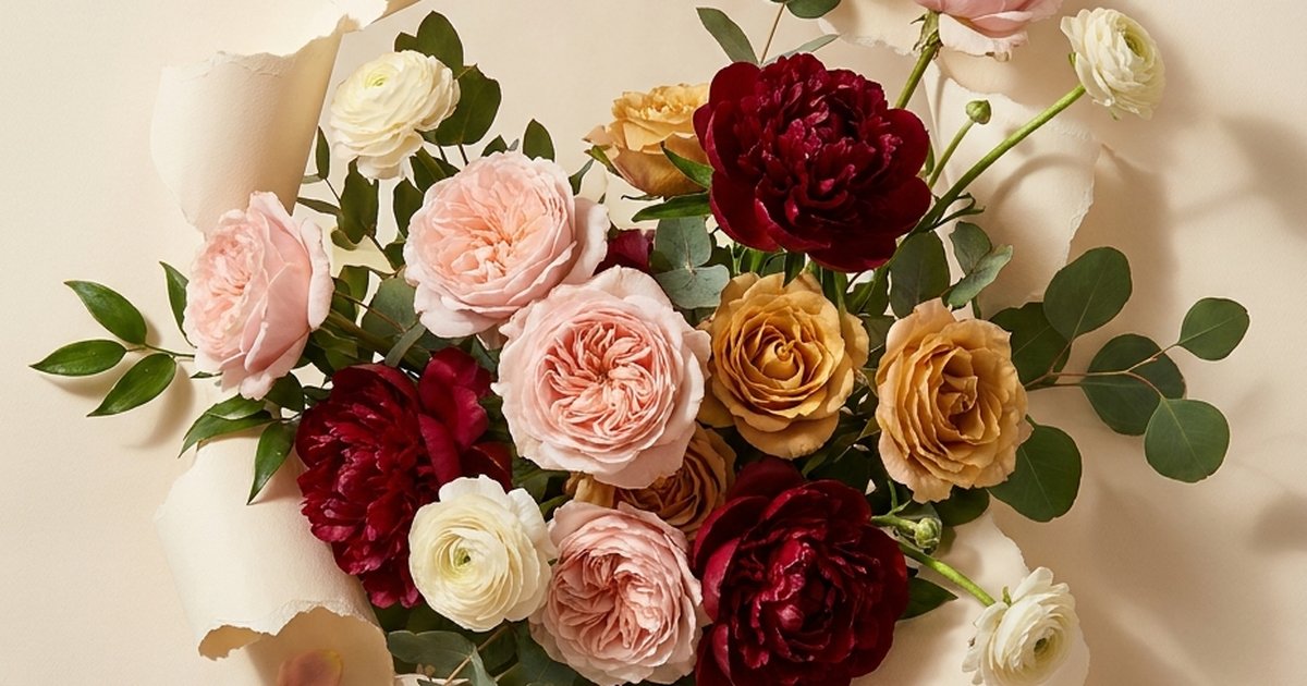 A hand-tied bouquet of garden roses and seasonal flowers